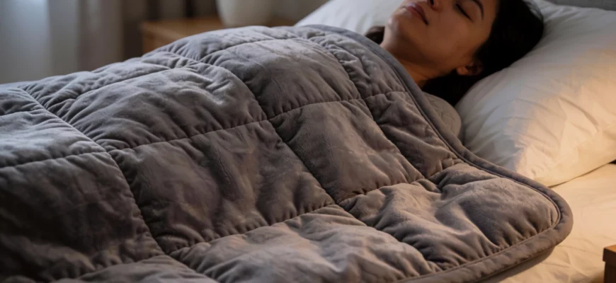 A person lying in bed under a weighted blanket, appearing relaxed with eyes closed, soft ambient bedroom lighting, no visible discomfort or pain, subtle texture of the blanket showing gentle pressure distribution, calm and peaceful atmosphere