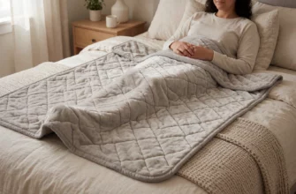 A cozy bedroom scene showing a person lying on a bed with a high-quality budget weighted blanket, soft lighting, neutral tones, focus on the texture and comfort of the blanket, no text or logos visible