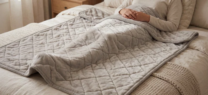 A cozy bedroom scene showing a person lying on a bed with a high-quality budget weighted blanket, soft lighting, neutral tones, focus on the texture and comfort of the blanket, no text or logos visible