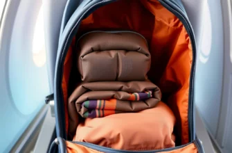A portable weighted blanket neatly folded and placed inside a travel backpack, with a soft, cozy background of a cabin interior or airplane seat, showcasing the blanket’s compactness and comfort
