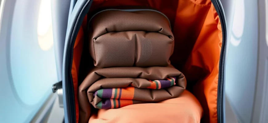 A portable weighted blanket neatly folded and placed inside a travel backpack, with a soft, cozy background of a cabin interior or airplane seat, showcasing the blanket’s compactness and comfort