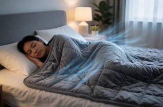 A person sleeping peacefully under a weighted blanket in a modern bedroom, with a subtle cooling effect visible as light blue air currents around the blanket, soft ambient lighting, no text or labels, realistic textures on fabric and bedding