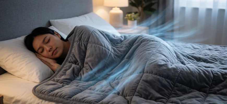 A person sleeping peacefully under a weighted blanket in a modern bedroom, with a subtle cooling effect visible as light blue air currents around the blanket, soft ambient lighting, no text or labels, realistic textures on fabric and bedding