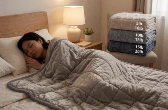 A cozy bedroom scene showing a person sleeping peacefully under a weighted blanket, with multiple folded weighted blankets of different weights (5lb, 10lb, 15lb, 20lb) neatly stacked on a chair nearby, soft ambient lighting, warm neutral tones, focus on texture and comfort