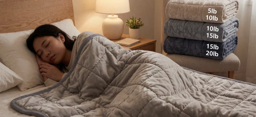 A cozy bedroom scene showing a person sleeping peacefully under a weighted blanket, with multiple folded weighted blankets of different weights (5lb, 10lb, 15lb, 20lb) neatly stacked on a chair nearby, soft ambient lighting, warm neutral tones, focus on texture and comfort