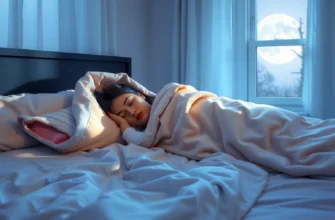 A cozy bedroom scene showing a person sleeping peacefully under a weighted blanket, with soft moonlight coming through a window, gentle shadows on the bed, and a calm, relaxed atmosphere emphasizing comfort and deep sleep