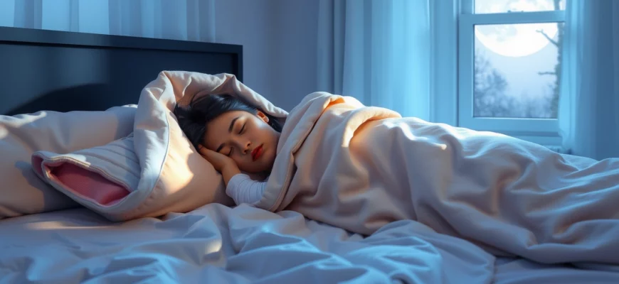 A cozy bedroom scene showing a person sleeping peacefully under a weighted blanket, with soft moonlight coming through a window, gentle shadows on the bed, and a calm, relaxed atmosphere emphasizing comfort and deep sleep