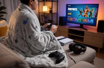 A cozy gaming setup featuring a person sitting on a couch playing Fortnite on a console, wrapped in a soft, weighted blanket with subtle Fortnite-themed patterns like llama icons and victory royale symbols, surrounded by gaming accessories such as a headset, controller, and LED-lit monitor displaying the Fortnite lobby screen, warm ambient lighting, modern living room background
