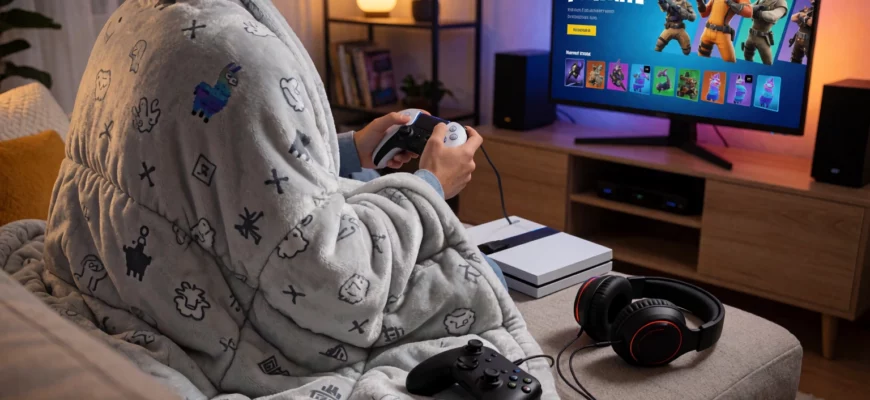 A cozy gaming setup featuring a person sitting on a couch playing Fortnite on a console, wrapped in a soft, weighted blanket with subtle Fortnite-themed patterns like llama icons and victory royale symbols, surrounded by gaming accessories such as a headset, controller, and LED-lit monitor displaying the Fortnite lobby screen, warm ambient lighting, modern living room background