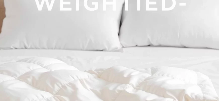 A clean, minimalist product display of a Sharper Image Calming Comfort Weighted blanket, showing its soft fabric texture, gentle color palette, and subtle weight distribution, arranged on a serene bedding setup with calming lighting to emphasize comfort and relaxation
