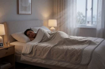 A cozy bedroom scene featuring a person peacefully sleeping under a modern cooling weighted blanket with visible breathable fabric texture, soft ambient lighting, and a slightly open window suggesting airflow; the blanket has subtle cooling gel-infused layers visible at the edges, and the room includes minimalist decor, a nightstand with a glass of water, and a digital thermostat displaying 72°F — all conveying comfort and temperature regulation for hot sleepers