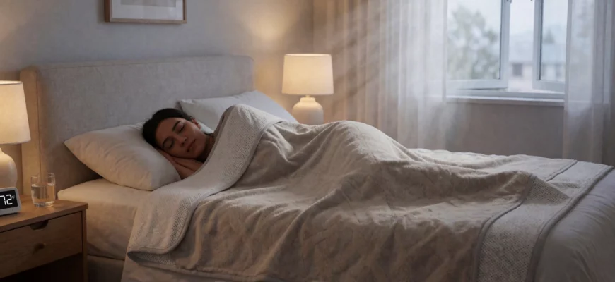 A cozy bedroom scene featuring a person peacefully sleeping under a modern cooling weighted blanket with visible breathable fabric texture, soft ambient lighting, and a slightly open window suggesting airflow; the blanket has subtle cooling gel-infused layers visible at the edges, and the room includes minimalist decor, a nightstand with a glass of water, and a digital thermostat displaying 72°F — all conveying comfort and temperature regulation for hot sleepers