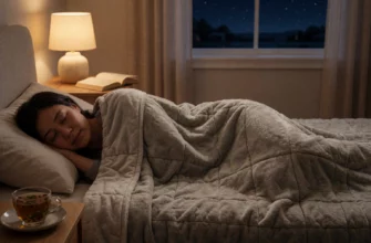 A cozy bedroom scene featuring an adult person peacefully sleeping under a soft, plush weighted blanket in muted earth tones, with warm ambient lighting from a bedside lamp, a nightstand with a cup of herbal tea and an open book, and a window showing a calm night sky with stars; the blanket has a subtle textured weave and gentle folds, emphasizing comfort and relaxation