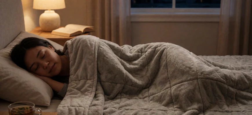 A cozy bedroom scene featuring an adult person peacefully sleeping under a soft, plush weighted blanket in muted earth tones, with warm ambient lighting from a bedside lamp, a nightstand with a cup of herbal tea and an open book, and a window showing a calm night sky with stars; the blanket has a subtle textured weave and gentle folds, emphasizing comfort and relaxation