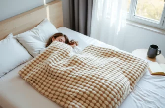 A cozy bedroom scene featuring a person sleeping peacefully under a Bearaby 10 lb weighted blanket in a soft, neutral color (like oatmeal or sage), with the blanket's signature chunky knit texture clearly visible. The bed is neatly made with minimalist white sheets and a single pillow. Soft morning light filters through a window, casting gentle shadows. A small wooden nightstand holds a ceramic mug and an open book. The atmosphere is calm, warm, and inviting, emphasizing comfort and relaxation.