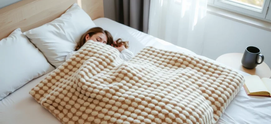 A cozy bedroom scene featuring a person sleeping peacefully under a Bearaby 10 lb weighted blanket in a soft, neutral color (like oatmeal or sage), with the blanket's signature chunky knit texture clearly visible. The bed is neatly made with minimalist white sheets and a single pillow. Soft morning light filters through a window, casting gentle shadows. A small wooden nightstand holds a ceramic mug and an open book. The atmosphere is calm, warm, and inviting, emphasizing comfort and relaxation.
