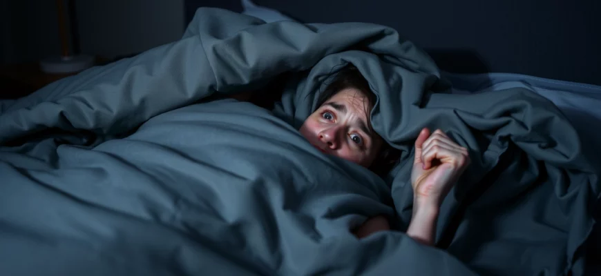 A person lying in bed under a heavy weighted blanket, appearing uncomfortable and anxious, with visible signs of distress such as clenched fists, wide eyes, and shallow breathing, in a dimly lit bedroom at night, soft shadows and muted colors emphasizing the feeling of confinement and unease