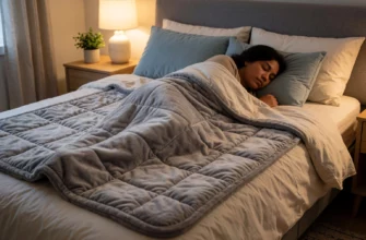 A cozy bedroom scene featuring a person peacefully sleeping under a soft, evenly distributed weighted blanket on a neatly made bed, with warm ambient lighting from a bedside lamp, a small potted plant on the nightstand, and a calm, neutral color palette of grays, creams, and muted blues to evoke relaxation and therapeutic comfort