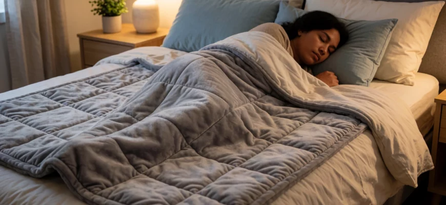 A cozy bedroom scene featuring a person peacefully sleeping under a soft, evenly distributed weighted blanket on a neatly made bed, with warm ambient lighting from a bedside lamp, a small potted plant on the nightstand, and a calm, neutral color palette of grays, creams, and muted blues to evoke relaxation and therapeutic comfort