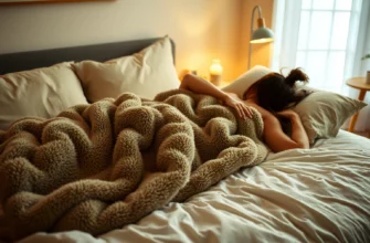 A cozy bedroom scene featuring a person relaxing on a bed with a soft, plush weighted blanket draped over them, highlighting comfort and tranquility, with warm lighting and a serene atmosphere