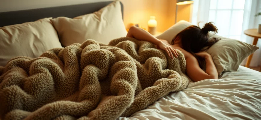 A cozy bedroom scene featuring a person relaxing on a bed with a soft, plush weighted blanket draped over them, highlighting comfort and tranquility, with warm lighting and a serene atmosphere